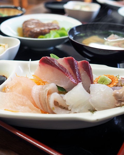 丸山食堂』 〝ねこのしま〟にある食堂でいただく刺身定食 島で揚がった 