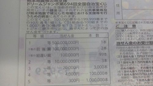 熊本地震被災地支援ドリームジャンボ第694回全国自治宝くじの当選確率 宝くじ当選確率ぶろぐ