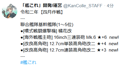 艦これ 四月作戦ランカー報酬新装備は 16inch三連装砲 Mk 6 12 7cm単装高角砲改二 12 7cm連装高角砲改二 艦これ速報 艦隊これくしょんまとめ