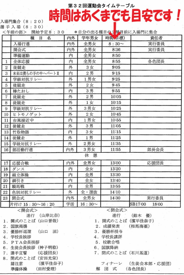 タイムテーブル 今日の三中