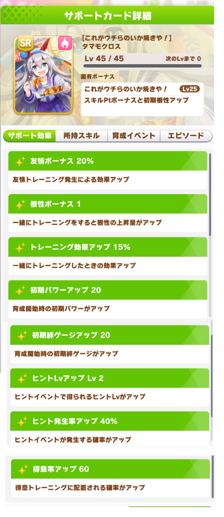 ウマ娘 Ssrサポカ安心沢刺々美 Srサポカ タマモクロス 取得スキル 性能一覧 ウマ娘カノープス速報