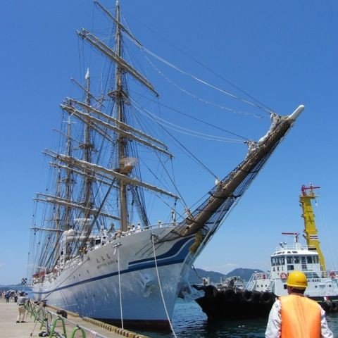 今治へ舵をとれ バリシップ15 に日本丸入港 ロープを知る