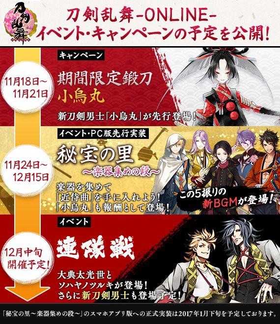 刀剣乱舞 イベントキャンペーンの予定公開 18日からは小烏丸が先行登場 11月中旬 17年1月 刀剣乱舞ニュース速報