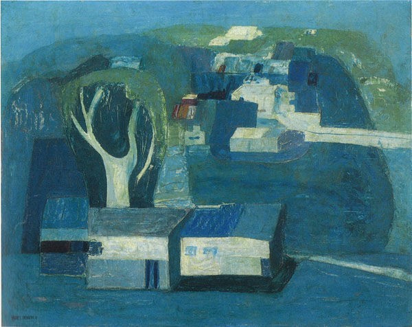 油彩画 丘の上の家 丘の上の家』 ☆アートポスター ナチュラル色 木製フレーム付！約74