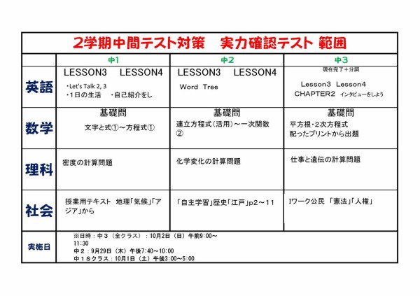 中学生 実力確認テスト 範囲と日程 桐光学院 笠井校ブログ 番号432 0381