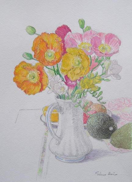 水彩画 女性と花の静物画 野に咲けケシの花（静物画・水彩画） : デッサン画は楽しく