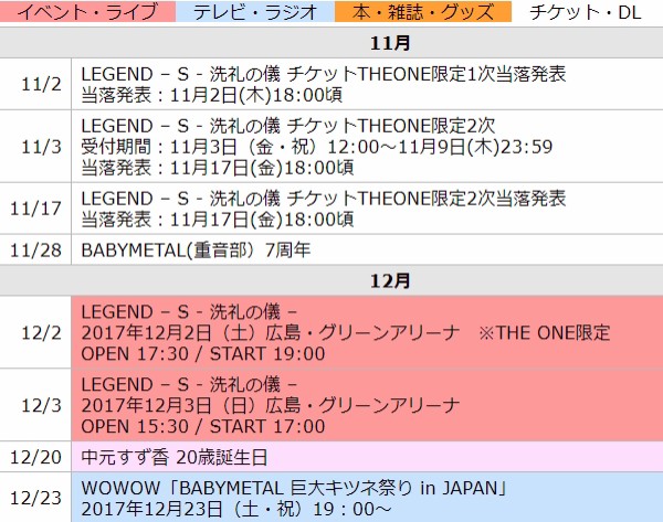 Babymetal 17年11月のスケジュール Babymatometal