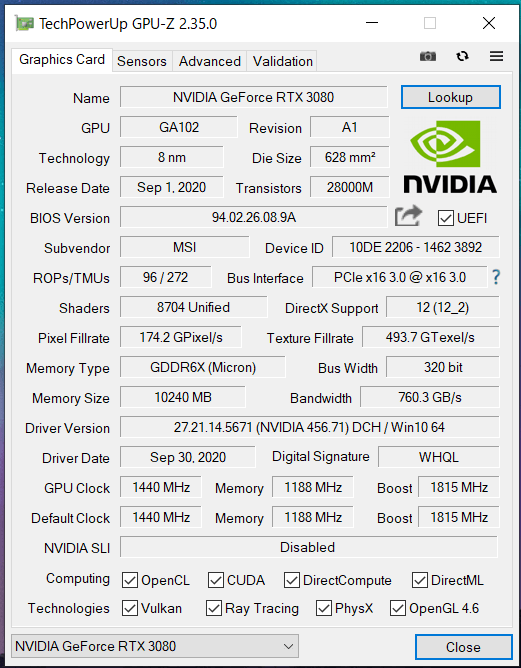 MSI GeForce RTX 3080 GAMING X TRIO 10G RTX3080/10GB(GDDR6X)/PCI-E