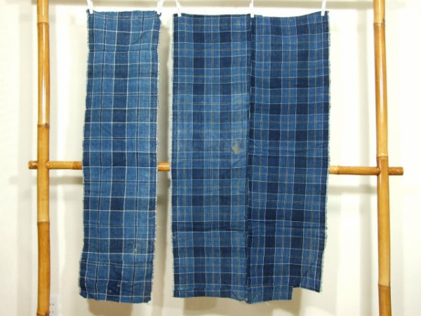 古布材料 ボロ襤褸 藍染木綿格子 浅葱i色 3巾 : リサイクル着物 古布材料 ボロ襤褸 藍染木綿格子 浅葱i色 3巾 : リサイクル着物
