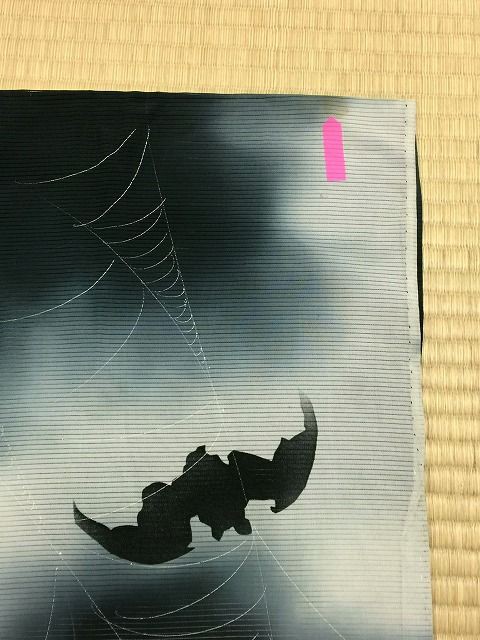 アンティーク夏着物 正絹絽 蝙蝠（コウモリ）と蜘蛛の巣 モノトーン