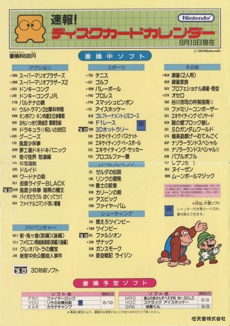 ディスクカードカレンダー 平成3年6月10日現在 ファミコン