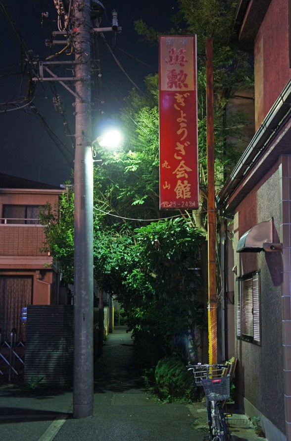 夜散歩のススメ1565 緑のトンネルと餃子会館丸山の看板 夜散歩のススメ