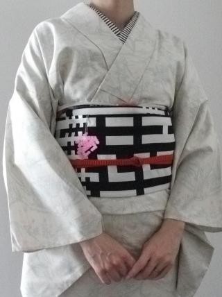 半幅帯　白アネモネ×古代大島 単衣白大島×ウィリアムモリス半幅帯 | ゼロからの普段着物
