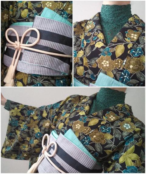 緑のレーストップスにウールの着物コーデ 四十代で楽しむ普段着物