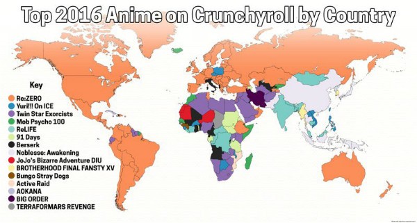 国別で16年に最も視聴されたアニメは アニメ配信サイト クランチロール 発表 圧倒的人気は リゼロ なんだかおもしろい