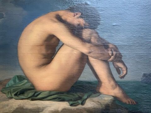 海辺に座る裸体の青年　ルーブル美術館　印刷絵画　額入り 美術】イポリット・フランドラン／『海辺に座る裸の青年